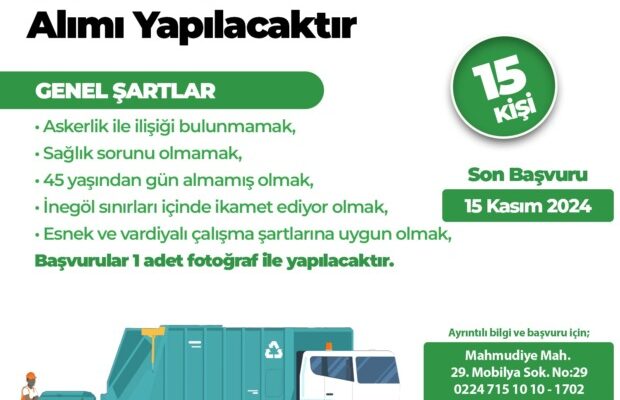 İNEGÖL BELEDİYESİ TEMİZLİK HİZMETLERİ İÇİN 15 PERSONEL ALACAK
