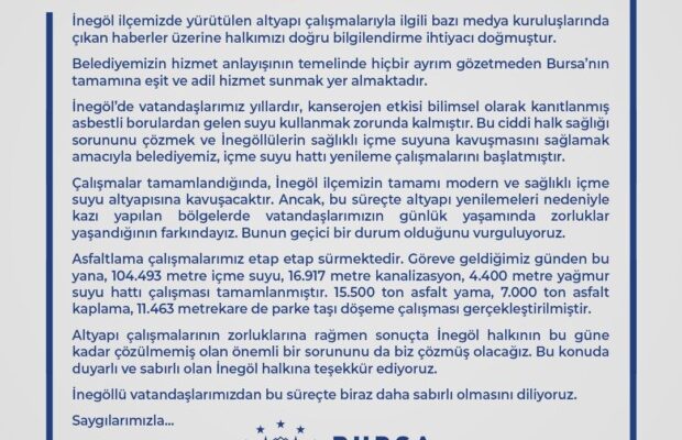 Büyükşehir Belediyesinden İnegöl’de yürütülen altyapı çalışmalarıyla ilgili açıklama