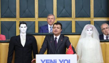 SAADET PARTİSİ LİDERİ MAHMUT ARIKAN, KÜRSÜYE ‘GELİN VE DAMAT’LA ÇIKTI!
