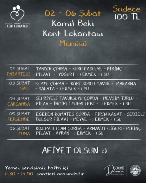 Gemlik Kent Lokantası 2 Şubat 6 Şubat Tarihleri Menüsü