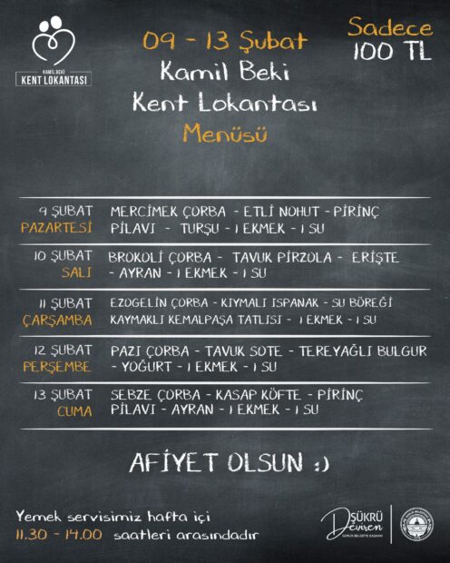 Gemlik Kent Lokantası 9 Şubat 13 Şubat tarihleri Menüsü