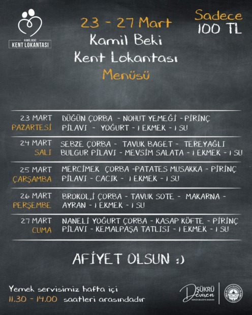 Gemlik Kent Lokantası 23 Mart 27 Mart Tarihleri Menüsü