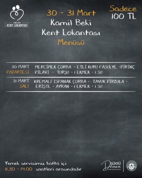 Gemlik Kent Lokantası 30 Mart ve 31 Mart Tarihleri Menüsü
