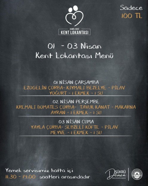 Gemlik Kent Lokantası 1 Nisan 3 Nisan Tarihleri Menüsü