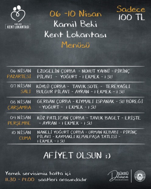 Gemlik Kent Lokantası 6 Nisan 10 Nisan Tarihleri Menüsü