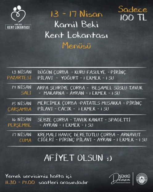 Gemlik Kent Lokantası 13 Nisan 17 Nisan Tarihleri Menüsü