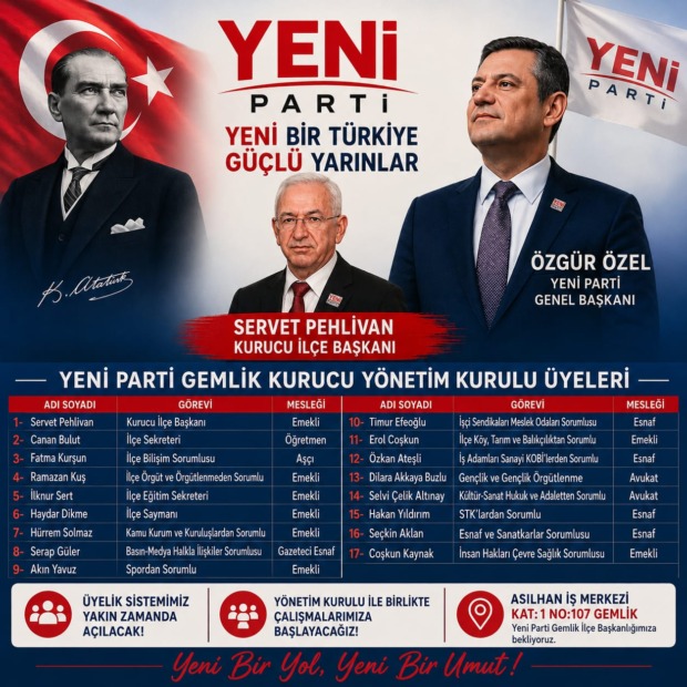 YENİ PARTİ GEMLİK KURUCU YÖNETİM KURULU ÜYELERİ BELLİ OLDU