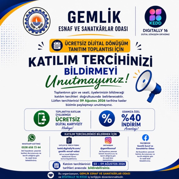 GEMLİK ESNAF VE SANATKÂRLAR ODASI’NDAN DUYURU